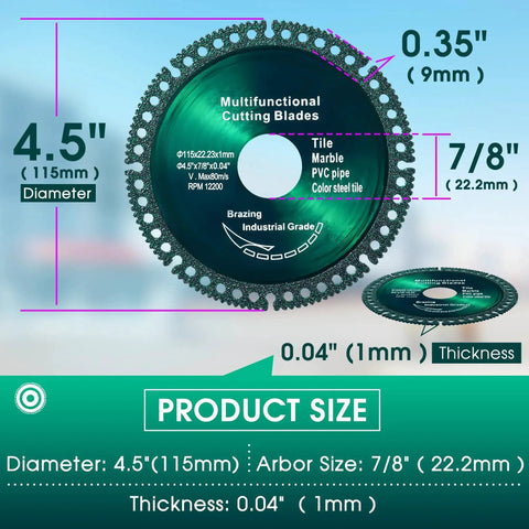5 Pack 4.5 Inch Indestructible Grinding Discs For Angle Grinder With 7/8 Inch Arbor 2.0 diagram detailing dimensions and usage