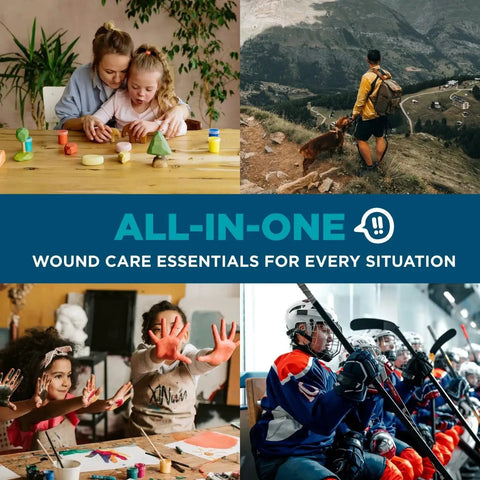 Various scenes highlighting activities where the Grab And Go 110 Piece First Aid Kit For Home Office Car Travel Outdoor Sports And School is useful.