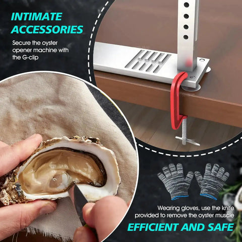 Oyster Shucker Machine Opener Set For Fast Safe Shell Opening with aluminum base and stabilizing grooves shown in use