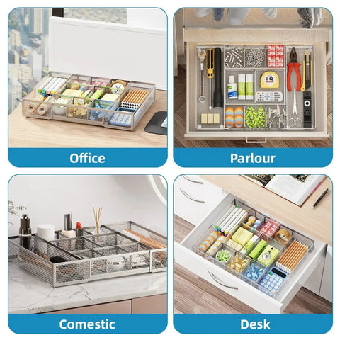 Expandable Desk Drawer Organizer Mesh Tray With 10 Adjustable Compartments displayed in office, parlor, comestic, and desk uses