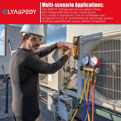 Technician using Upgrade Version 25980 One Quarter Inch Internal Diameter Refrigerant Hose Set With FlexFlow Low Loss Adapters on HVAC unit.