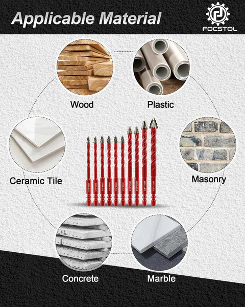 Beefy Serrated Masonry Drill Bit Set, 10-Piece For Wood, Plastic, Ceramic Tile, Concrete And Marble