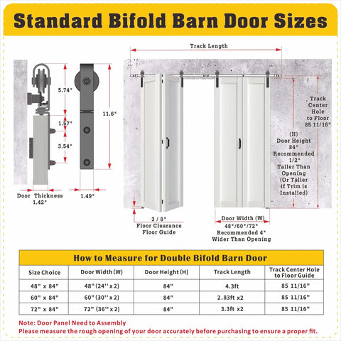 Diagram showing measurements for Bi Fold Barn Door Kit for 72 Inch Wide Openings 84 Inch Tall Finished White MDF Panels With Sliding Hardware Two Tracks For Four Doors Space Saving Closet Door Slab Easy Fold And Slide Design.