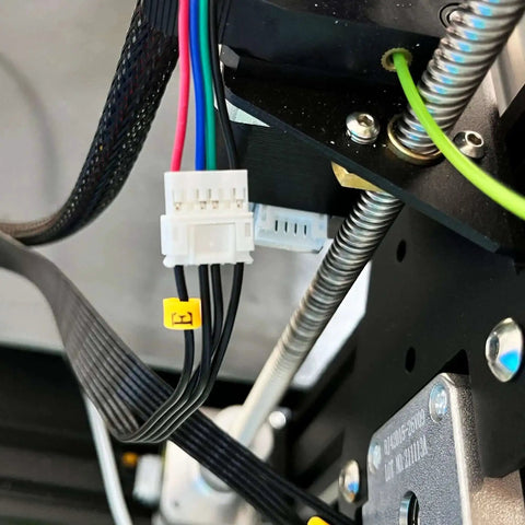 Close-up of 3D Printer Direct Drive Stepper Motor Extension Cables Must Have 0.5m 4P To PH2 6P Connectors 3 Pack installed on a printer