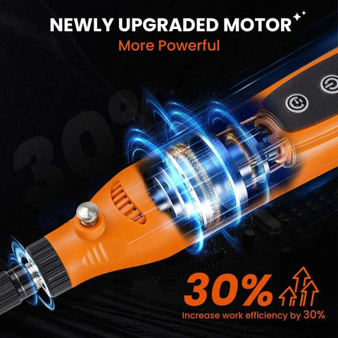 Close-up of Mini Cordless Rotary Tool Kit For DIY Projects 4V 5 Speed With 42 Accessories showing upgraded motor feature