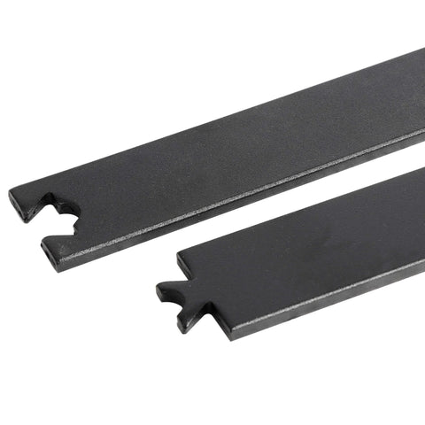 Close-up view of two steel rails from the 6.6 Foot Single Barn Door Hardware Kit For 36 To 40 Inch Doors, black finish, heavy duty.