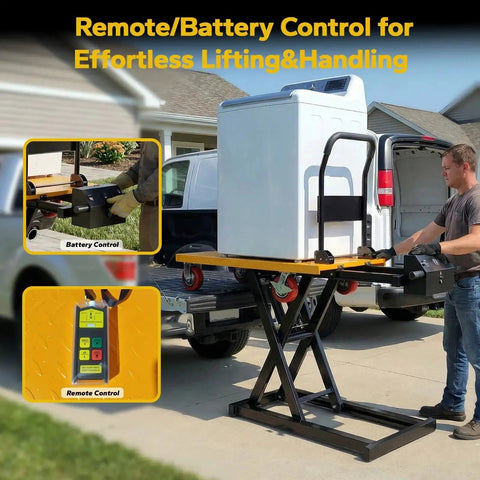Amazon electric lifting platform cart; 47×28 in yellow platform, locking brake wheels, 41 in lift, 800 lb capacity