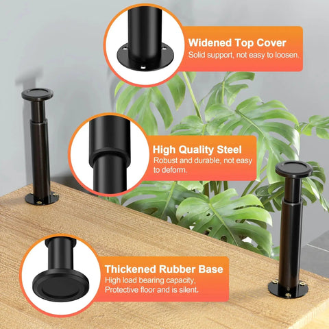 4 Pcs Adjustable Metal Furniture Legs Set 3.15 to 4.72 Inches with swivel base on wooden surface showing widened top and rubber base.