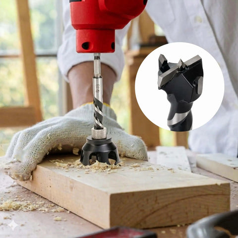 No-Nonsense 19mm Dog Hole Chamfer Reamer Bit For Three-Quarters Inch Holes in use with electric drill on wood surface