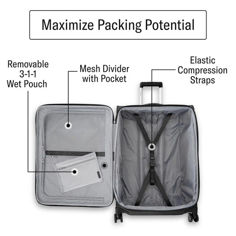 Interior of Ultra Light Expandable Softside Carry On With Spinner Wheels For Airline Travel, featuring mesh divider and straps.