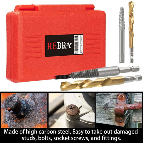Easy Out Screw Extractor Set For Damaged Bolts And Studs, Left Hand Drill Bits In Cobalt HSS Steel, shown with red case