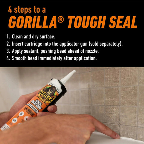 Hand applying All Purpose Silicone Sealant Waterproof Indoor Outdoor 30 Minute Cure White 10Oz to bathroom tile seam.
