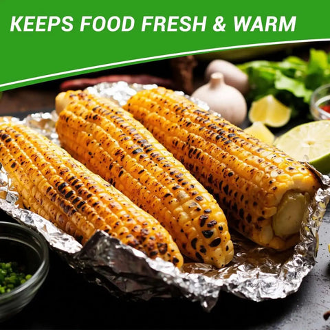 Grilled corn in Grab And Go Pre Cut Pop Up Aluminum Foil Sheets 400 Count 12 By 10.6 Inches for food wrap storage and catering use