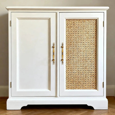White cabinet with woven rattan door and antique brass cabinet pulls, highlighting the 10 pack of classic vintage style hardware.