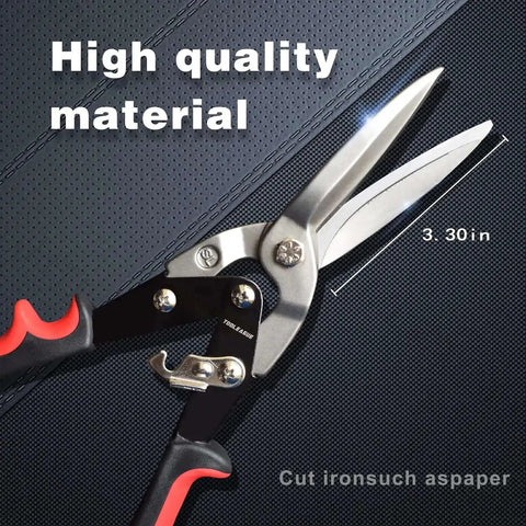 Heavy Duty 12 Inch Aviation Tin Snips With Forged Blade Long Straight Cutters made of CR-V steel on textured background