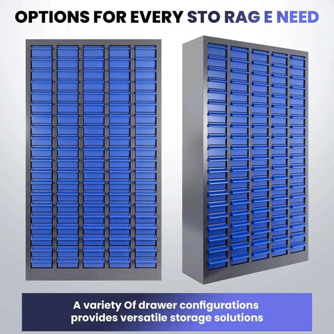 Heavy Duty 100-Drawer Small Parts Storage Cabinet With Removable ABS Drawers, Dividers And Labels, 26 By 9 By 46 Inch Bolt Bin Organizer For Garage And Workshop Use, Laser Welded Galvanized Steel Frame For A True Workhorse Build shown from front and side angles