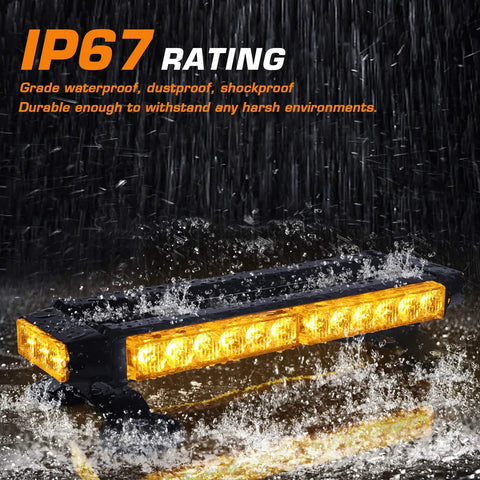 Amber LED roof-top strobe light bar with magnetic base for trucks; double-sided LED array, IP67 weatherproof.