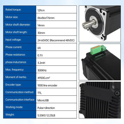 All In One Nema 34 Closed Loop Stepper Motor with 12Nm Torque, 1000 Line Encoder, 14mm Shaft, 24-60V DC, 6A, TTL Interface shown with specs