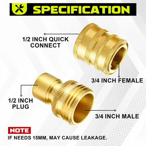 Ultimate Pressure Washer Adapter Set With Quick Disconnect Kit, showing brass 1/2 inch quick connect and 3/4 inch female and male plugs.