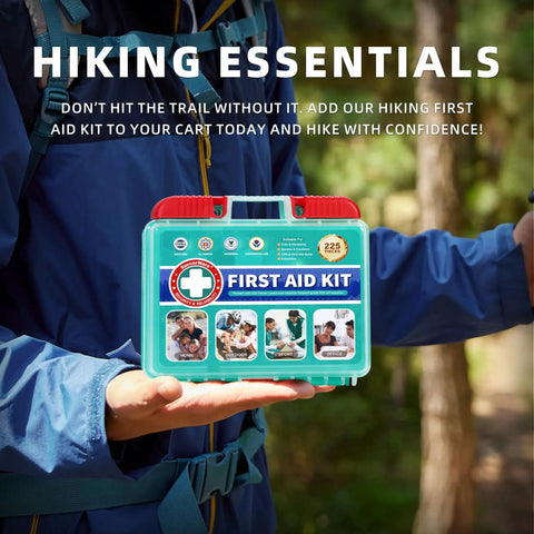 Hiker holding 225 Piece Portable First Aid Kit With Ice Pack And Bandages Gauze Pads For Home Car Travel Outdoor Emergency Supplies.