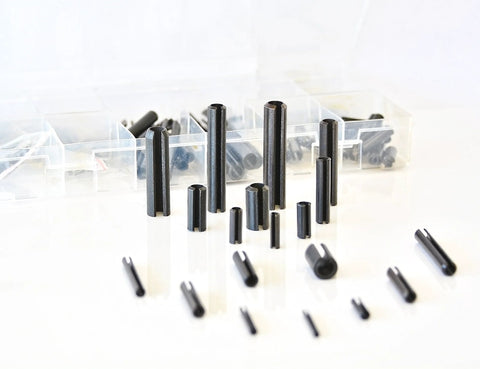 120 Piece Roll Pin Set In Heat Treated Spring Steel With Ten Diameters And Eleven Lengths Pro Grade Slotted Pin Assortment In Durable PP Storage Case For Fast Access And Easy Identification
