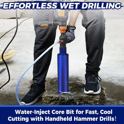 Heavy Duty 2-1/2 Inch Wet Core Drill Bit Kit With SDS Plus Water Injection Adapter in use on concrete surface