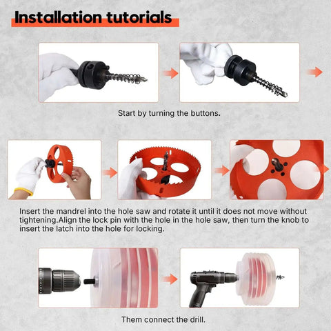 Instructional diagram for installing Six And A Quarter Inch Hole Saw For Recessed Can Lights With Dust Bowl Dust Catcher Bi Metal Wood Drywall Hole Cutter Pro Grade Quality.