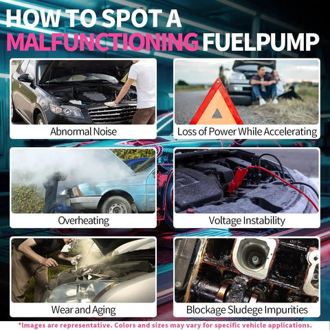 Signs of a malfunctioning fuel pump with images: overheating, abnormal noise, voltage instability, wear and aging, blockage.