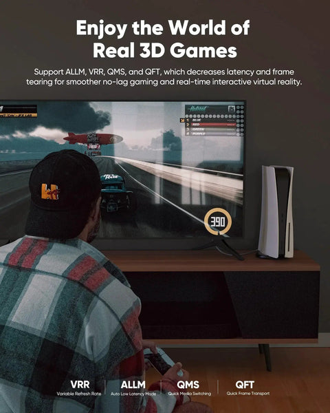 Person gaming on a TV using a console, highlighting real 3D game abilities and low latency support features.