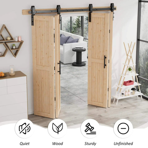 84 Inch Bifold Barn Door With 90 Inch Hardware Kit Included in rustic wood, installed in a modern home with a farmhouse vibe.
