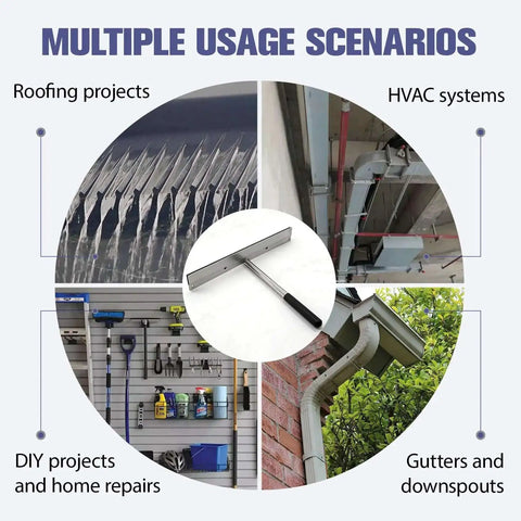 Diagram showing usage of Pro Grade 15.25 Inch Sheet Metal Bender Folding Tool for roofing, HVAC systems, gutters, and DIY projects.