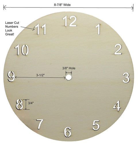 Unfinished Wood Clock Face for Crafts 9 Inch Round Blank with Laser Cut Numerals Make Your Own DIY Clock Kit shown from front view