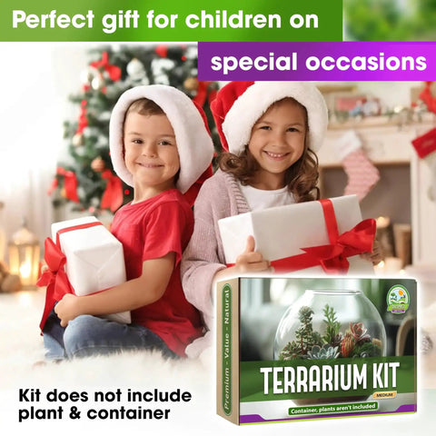 Children holding gifts with All In One Terrarium Kit With Premium Soil Mix Pumice Zeolite Moss Sphagnum Moss Decorative Stones Mesh Tools