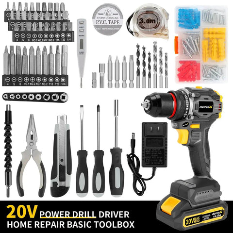 Full view of Brushless 20V Cordless Drill Set with 2 Batteries Lightweight 1.8 Pound Tool 60 Nm Peak Torque 135 Piece Kit for DIY