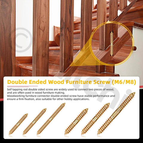 80Pcs 6 Sizes Double Ended Dowel Screws Set For Wood To Wood Joinery, Color Zinc Plated Double Sided Connectors shown in action