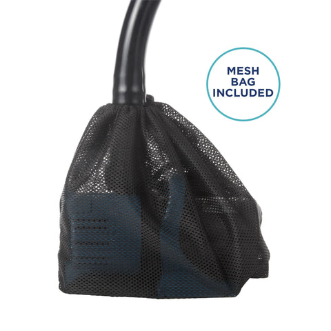 Alpine PEG3000 submersible pond pump in black mesh bag; teal pump body visible, mesh bag included