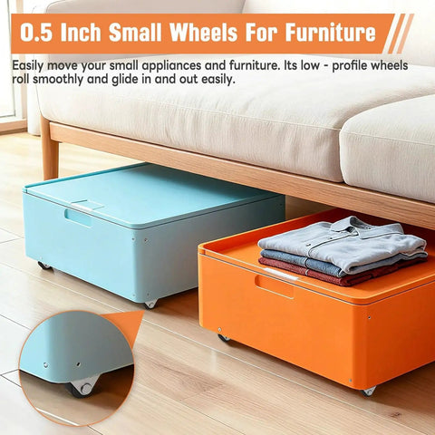 0.5 Inch Mini Low Profile Caster Wheels With Self Adhesive Steel Plate Quiet Rubber Rolling Wheels For Small Kitchen Appliances Drawer Or Storage Box Tiny DIY Projects Brown 4 Pcs Set installed on storage boxes under a couch.