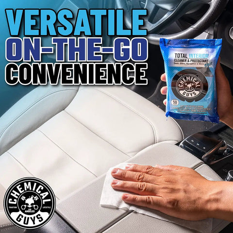 Total Interior Cleaner And Protectant Wipes Mega 50 Pack For Cars Trucks SUVs Motorcycles RVs And More Safe Easy Clean Up No Mess For All Surfaces By Chemical Guys being used on a car seat.