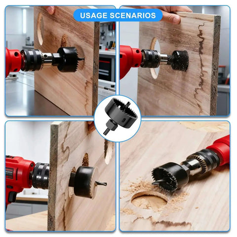 Pro Grade All-In-One Hole Saw Kit With 11 Pieces in use for drilling clean holes in wood.