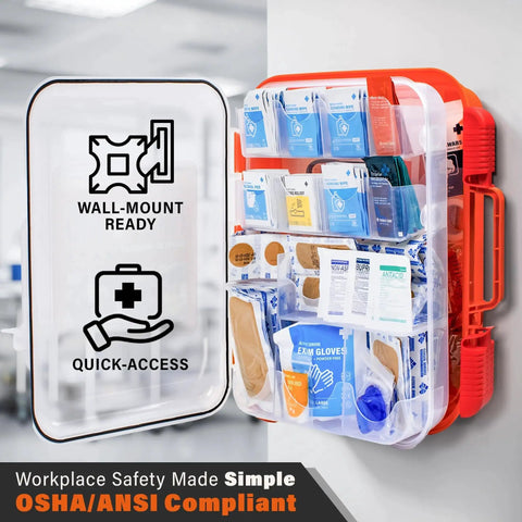 OSHA Compliant First Aid Kit With 400 Pieces Everyday Ready Emergency Medical Supplies mounted on a wall in an office.