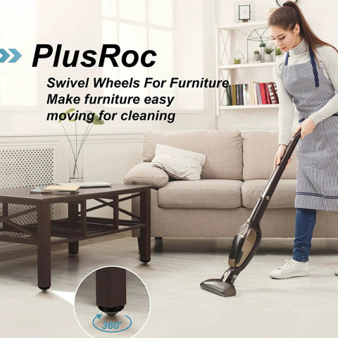 Woman vacuuming in living room with 8 Pack Self Adhesive Caster Wheels 1 Inch For Appliance Sliders And Furniture Storage Bins Low Profile