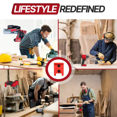 Collage of craftsmen using 6 Pack Tool Holder For M18 M18V Cordless Tools Snap Fit Tool Organizer in various workshops
