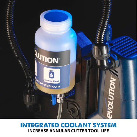 Magnetic Drilling System for Metal With One And Five Eighth Inch Diameter Capacity And Two Inch Depth 1200W Three Quarter Inch Shank For Annular Cutters Chuck Adaptor For Half Inch Drills Five Sixteenth Inch Stroke Coolant System Evolution EVOMAG42 with integrated coolant bottle