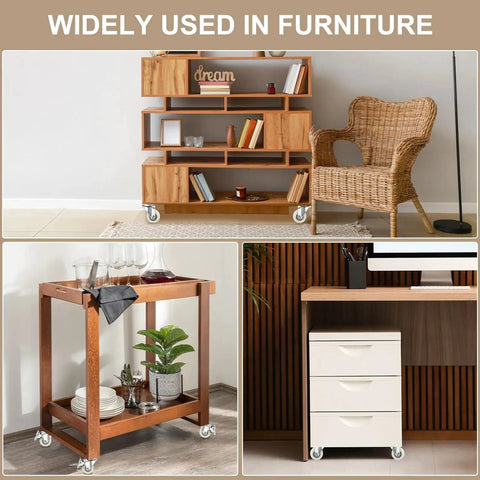 2 Inch Stem Casters 4 Pack Low Profile TPR Swivel Wheels on furniture, showing versatility for home and workshop use.