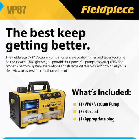 Fieldpiece VP87 vacuum pump, portable yellow unit with dual oil reservoirs and black handle