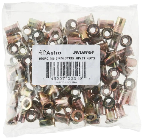 Heavy Duty 100 Piece M6 Zinc Plated Knurled Steel Rivet Nuts Pack For Pneumatic Rivet Nut Guns With M6 Thread Eight Point Nine Millimeter Outer Diameter Nine Millimeter Drill Size Fifteen Millimeter Length Ideal For Auto Shop And DIY Projects in a clear plastic bag