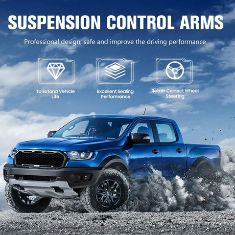Blue pickup truck demonstrating Front Right And Left Upper Control Arm With Ball Joint Assembly For 2011 2015 Durango And 2011 2015 Grand Cherokee 2 Piece Set High Strength Steel Replacement benefits on rocky terrain.