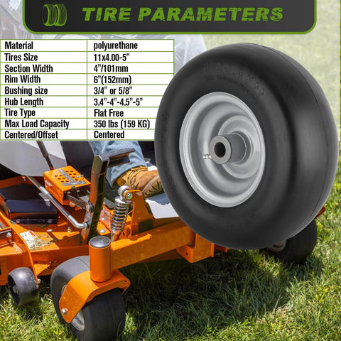 Flat Free 11x4.00-5 Lawn Mower Front Tires For Zero Turn Mowers With Solid Smooth Tread, shown on a lawn mower