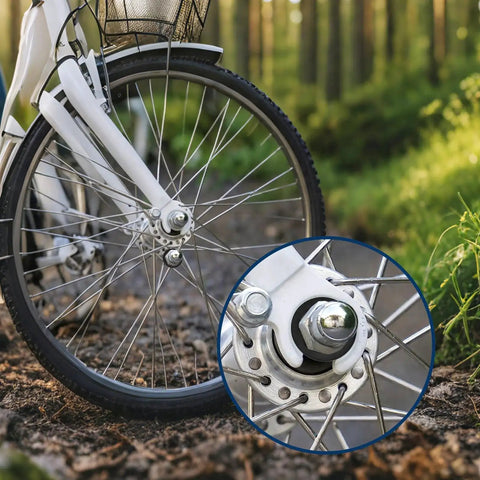 Internal-tooth star lock washers kit; steel with black oxide finish, shown near a bicycle front wheel hub.