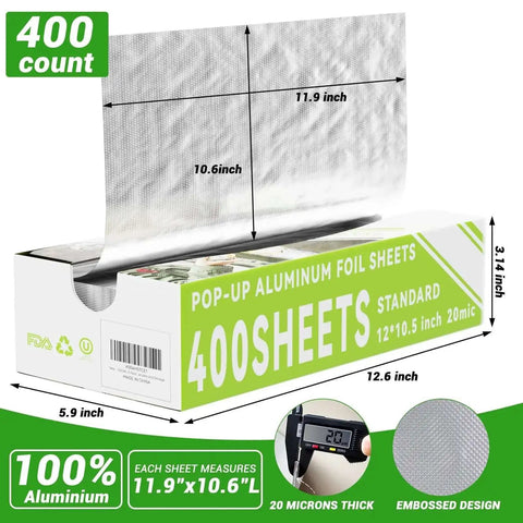 Box of Grab And Go Pre Cut Pop Up Aluminum Foil Sheets 400 Count 12 By 10.6 Inches for food wrap storage and catering use.